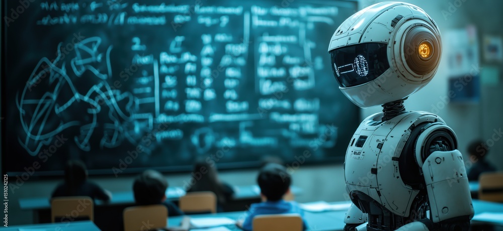 Fototapeta premium Robot teacher in classroom explaining complex concepts to students with chalkboard