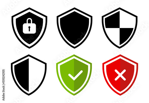 Six shields with various symbols, suitable for medievalthemed designs, historical projects, or educational materials focusing on armor and defense tactics.