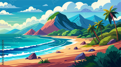 Tropical Beach Landscape: Ocean, Mountains, Palms