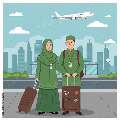 A couple is preparing to embark on their pilgrimage to Mecca for Hajj, showing the readiness and anticipation of the sacred journey.
