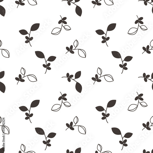 Pattern with coffee beans and branches with coffee fruits. Dark branches on white background.