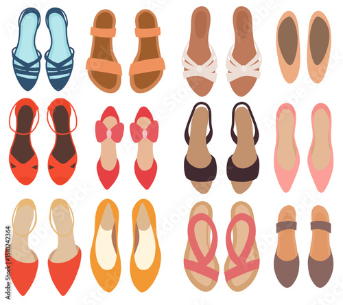 Vector set of various women s summer shoes. Flat colorful illustration of sandals and flats in modern minimal style.