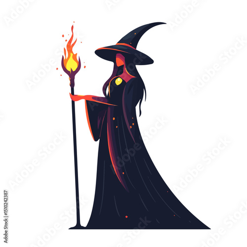 2D flat vector illustration of Sorceress With Staff, isolated on a white background.
