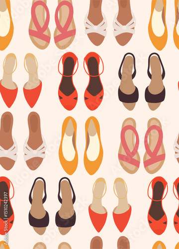 Seamless vector pattern with stylish womens shoes. Bright flat illustration of trendy sandals and ballet flats. Perfect for wrapping paper