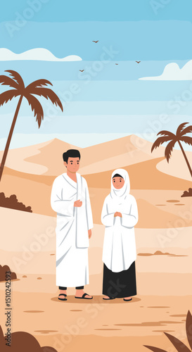 Two individuals, both dressed in white Ihram clothing, are walking together through a desert landscape, possibly during the Hajj pilgrimage in Saudi Arabia.
