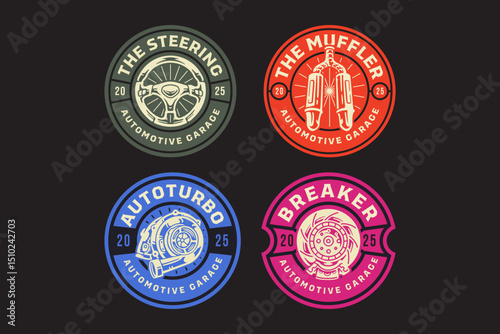 sportive steering wheel, double mufflers, auto turbo charger, disk breaker with breaker caliper retro badge logo vector design collection set for sport, automotive, garage, workshop, spare parts