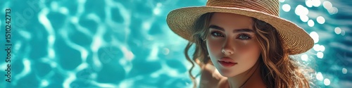 woman in a hat against the background of a swimming pool.