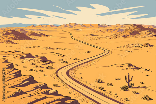 Desert Road Landscape: Winding Highway through Sandy Desert