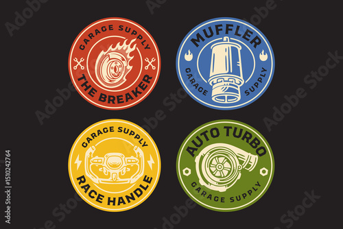 disc brake and break caliper with fire, muffler, sport steering wheel, turbo charger retro badge logo vector design collection set for sport, automotive, garage, workshop, spare part, industry
