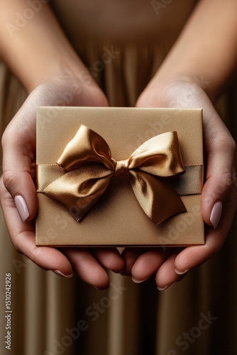 woman holding a gift certificate with a bow close-up.
