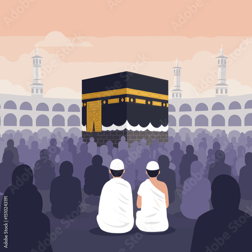 A couple is pictured performing the Tawaf ritual around the Kaaba, one of the fundamental rituals of the Hajj pilgrimage.