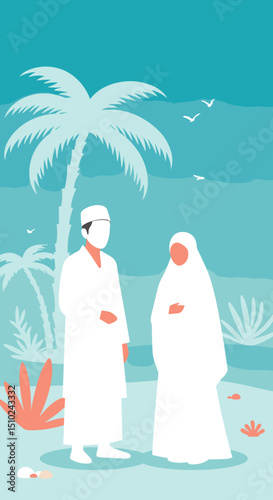 Two individuals, both dressed in white Ihram clothing, are walking together through a desert landscape, possibly during the Hajj pilgrimage in Saudi Arabia.