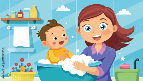 Happy Mother Bathing Smiling Baby Boy in Foamy Tub with Colorful Bathroom Accessories