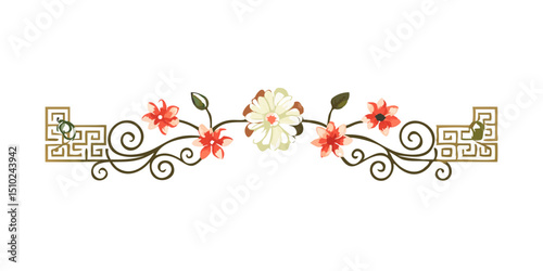 Floral divider with stylized Greek key pattern and flowers  