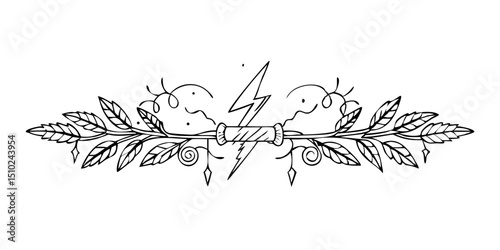 Greek myth line art style divider with intertwined lightning and leaves  