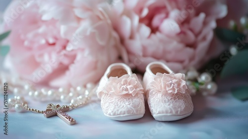Baby baptism concept, baby girl baptism clothes, dress all in pink tones