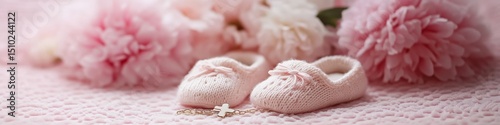 Baby baptism concept, baby girl baptism clothes, dress all in pink tones