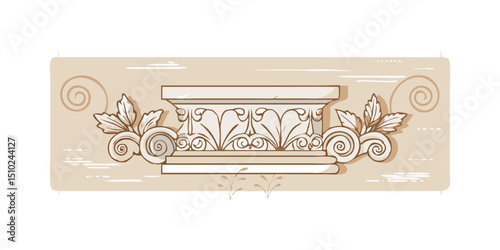 Ionic column inspired design with floral elements and scrolls  
