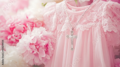 Baby baptism concept, baby girl baptism clothes, dress all in pink tones
