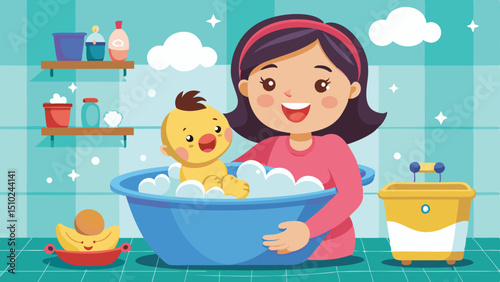 Cartoon Mother Giving Cute Duckling Baby a Bath in a Blue Tub