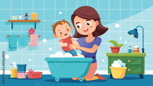 Mother Gently Putting Baby in Blue Bathtub Full of Bubbles in Tiled Bathroom