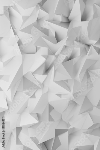 3D geometric pattern in white and gray tones with triangles, pyramids and edges. 3D rendering abstract background for digital art, posters, or innovative product displays.