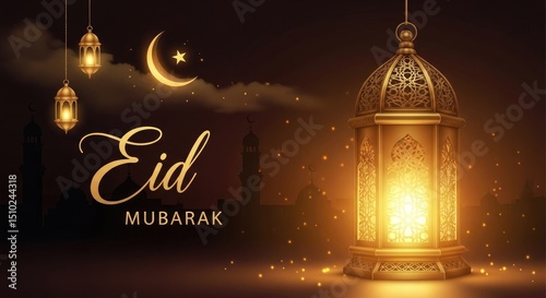 Elegant Eid Al Adha Art with Golden Lantern and Half Moon