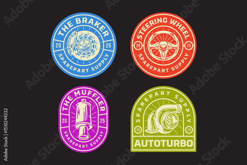 breaking system with disc and caliper, steering wheel, muffler, car turbo charger retro badge logo vector design collection set for sport, automotive, garage, workshop, spare part, industrial