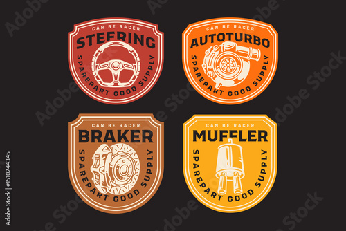 steering wheel, turbo charger, break caliper on disc break, sportive muffler retro badge logo vector design collection set for sport, automotive, garage, workshop, spare part, industrial