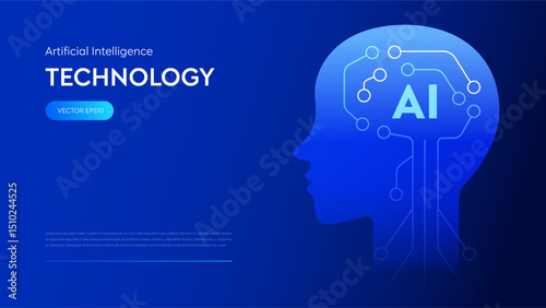 Artificial Intelligence with Robot or Human Head and Electricity Network Cog representing AI Innovation Technology and Virtual Brain Engine Power in Cyber Futuristic Concept Background.
