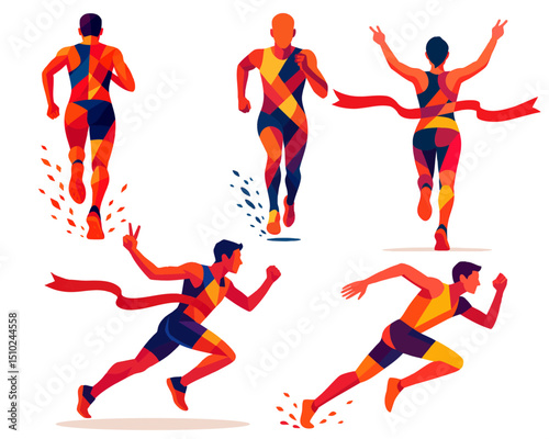 Marathon runner male silhouettes. Set of running people. Winning runner crossing fishing line. Runner celebrate victory