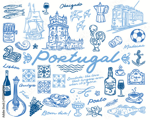 Whimsical collection of hand drawn Portugal symbol vector illustrations