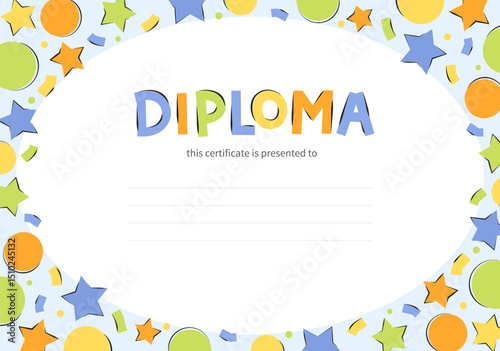 Diploma for children. Bright diploma for kindergarten and primary school students. The background is decorated with colorful geometric shapes. Vector illustration