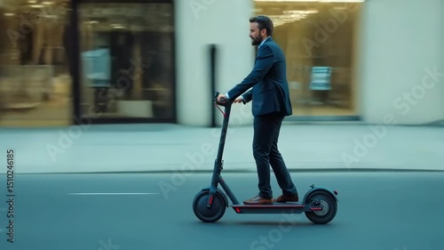 Businessman riding electric scooter in city traffic