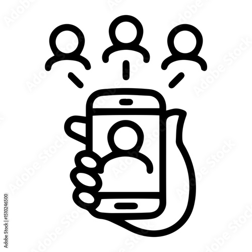 Hand holding a smartphone (outline style). Three people are connected to the smartphone by dashed lines. Symbolizes global communication, social networking, and digital connectivity through mobile