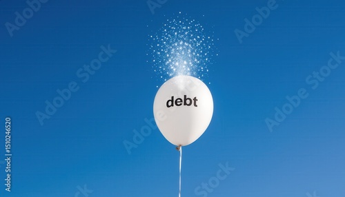 White Balloon with Word Debt Floating Against Clear Blue Sky Representing Financial Burden