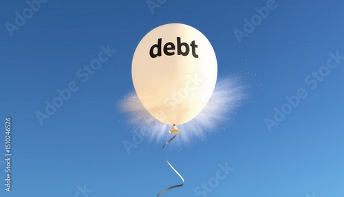 Bursting Balloon with Debt Written in Bold Text Against a Clear Blue Sky Background