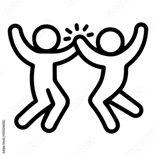 An (outline style) illustration of two stylized human figures with raised arms in an energetic pose, symbolizing joy, success, victory, and collective celebration. Conveys enthusiasm and triumph