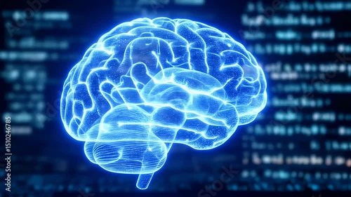Glowing Blue Brain Hologram Against Digital Code Background