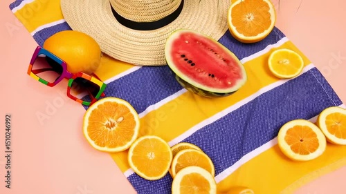 Summer Vibes: Striped Towel, Watermelon, Oranges & Rainbow Sunglasses