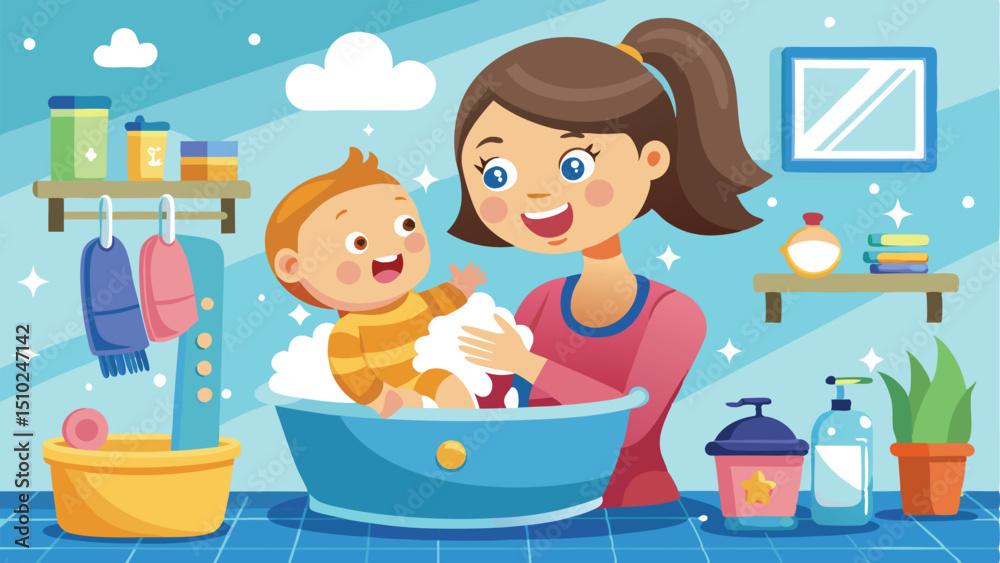 Cartoon of Mother Bathing Smiling Baby in Tub with Foaming Soap at Home Cartoon of Mother Bathing Smiling Baby in Tub with Foaming Soap at Home