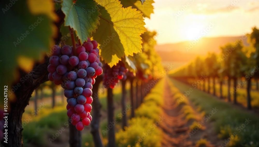 Naklejka premium Sun-drenched rows of ripening grapes hanging heavy on the vine, ready for harvest at a picturesque winery Golden hour light bathes the landscape in warmth , countryside, agriculture, merlot