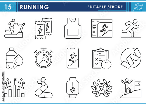 A set of line icons related to Running. Sports, run, nutrients, goal, smartwatch, water, winning, and so on. Vector editable stroke.