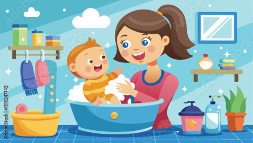 Cartoon of Mother Bathing Smiling Baby in Tub with Foaming Soap at Home