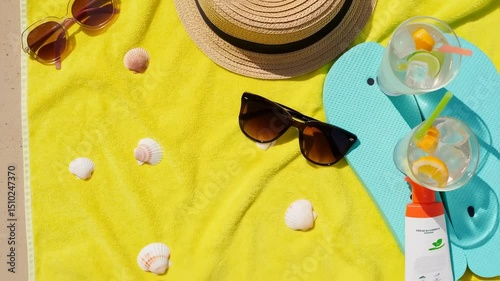 Sunny Beach Essentials: Yellow Towel, Cocktails, Sunglasses & Seashells