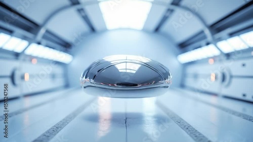 Chrome Sphere Levitating in Futuristic Sterile Corridor