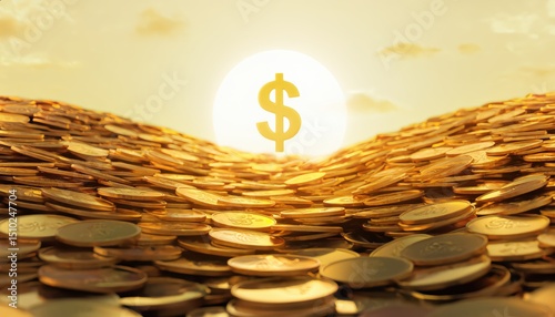 Golden Coins Piling Up Against Blazing Sunset Creating Wealth and Prosperity Symbols