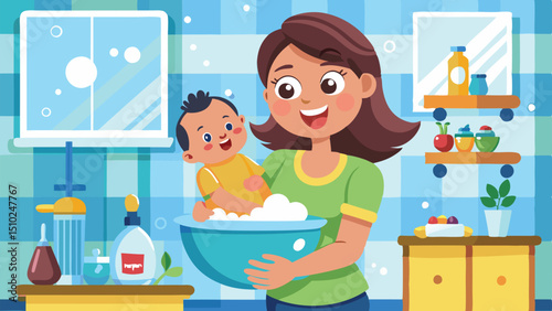 Cartoon Illustration of Mother Giving Baby a Bath in Blue Bowl at Home