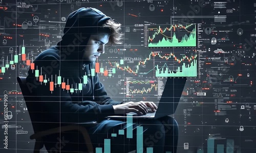 Hacker trading stocks on laptop at night