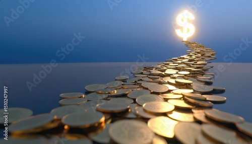 Glowing Dollar Symbol Above a Trail of Shiny Coins on a Calm Blue Background